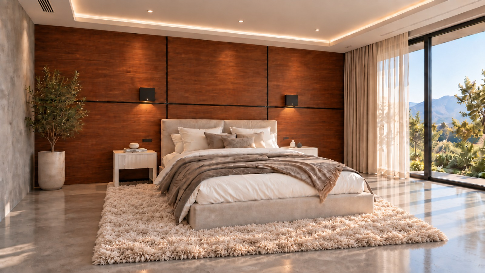 Render de dormitorio con acabados de madera e iluminación cálida