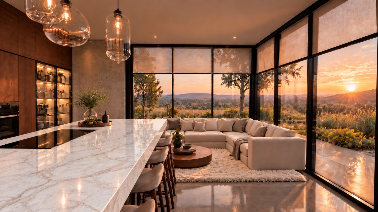 Render de sala y cocina abiertas al paisaje