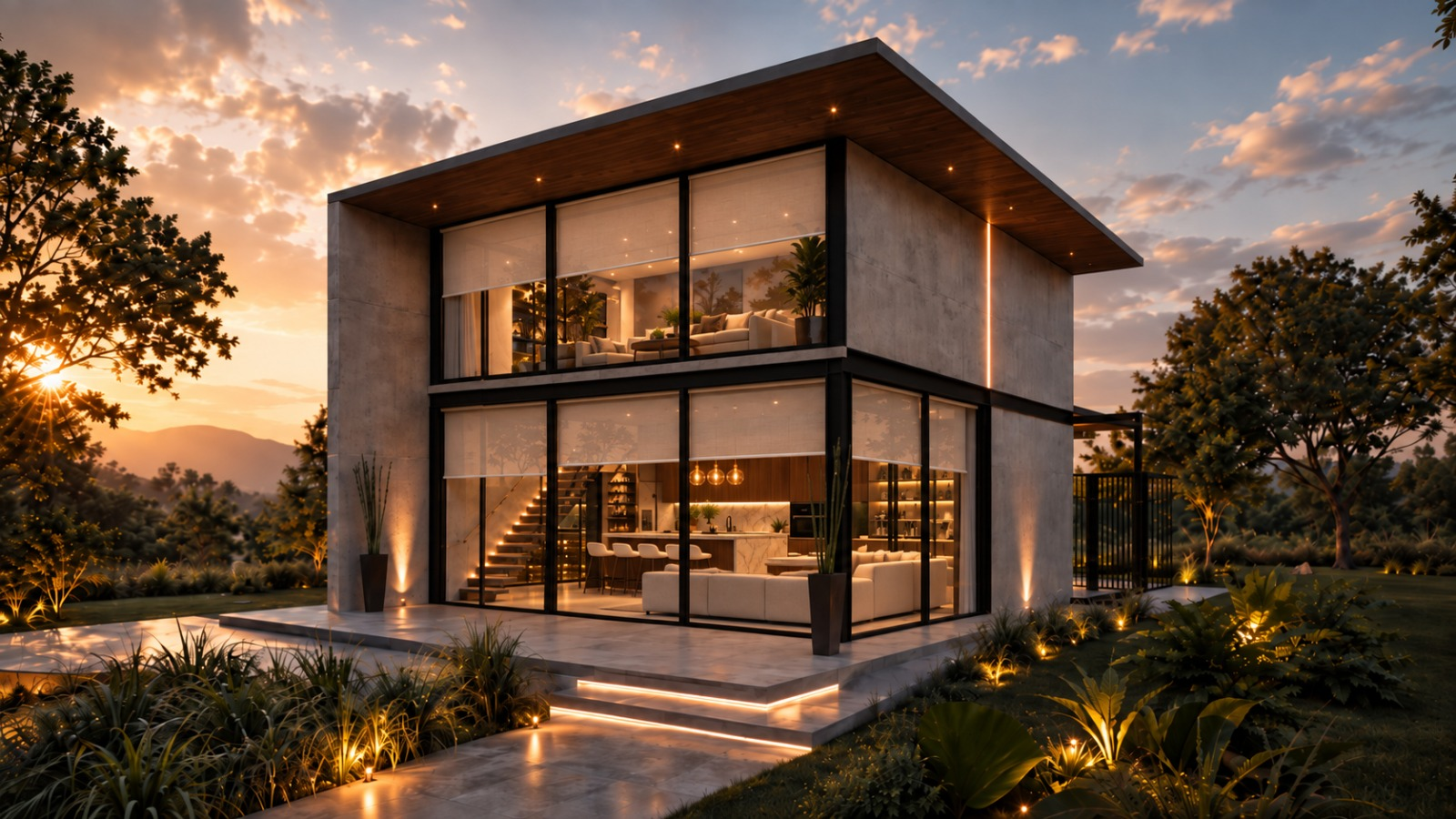 Render arquitectónico de residencia contemporánea al atardecer