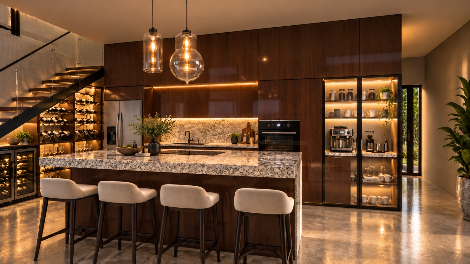 Cocina con isla de piedra, carpintería de madera e iluminación cálida